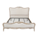 King Size Bed Frame Linen Fabric Beige Oak Wood White Washed Finish Slat Base Mattress Support