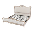 King Size Bed Frame Linen Fabric Beige Oak Wood White Washed Finish Slat Base Mattress Support
