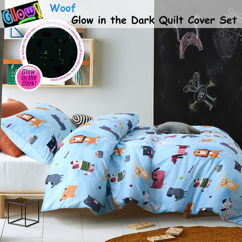 Happy Kids Woof Glow in the Dark Quilt Cover Set Single
