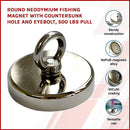 Round Neodymium Fishing Magnet with Countersunk Hole and Eyebolt, 500 LBS pull