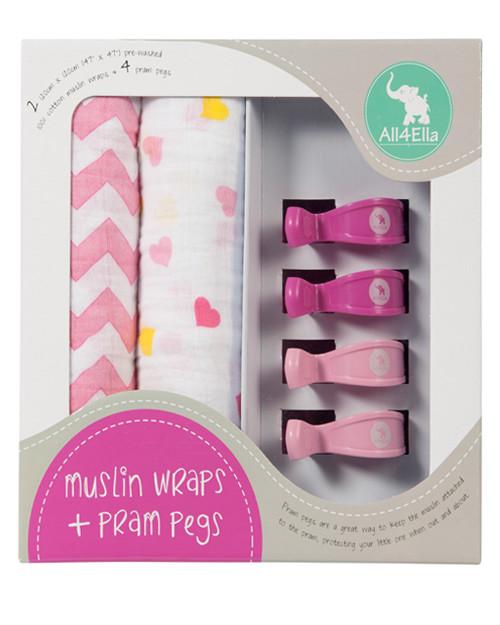 All4Ella 2 Pack Wraps & 4 Pegs - Hearts & Chevron Pink