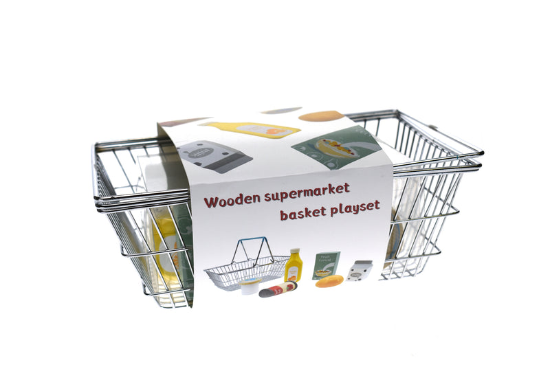 WOODEN GROCERY WITH METAL SHOPPING BASKET